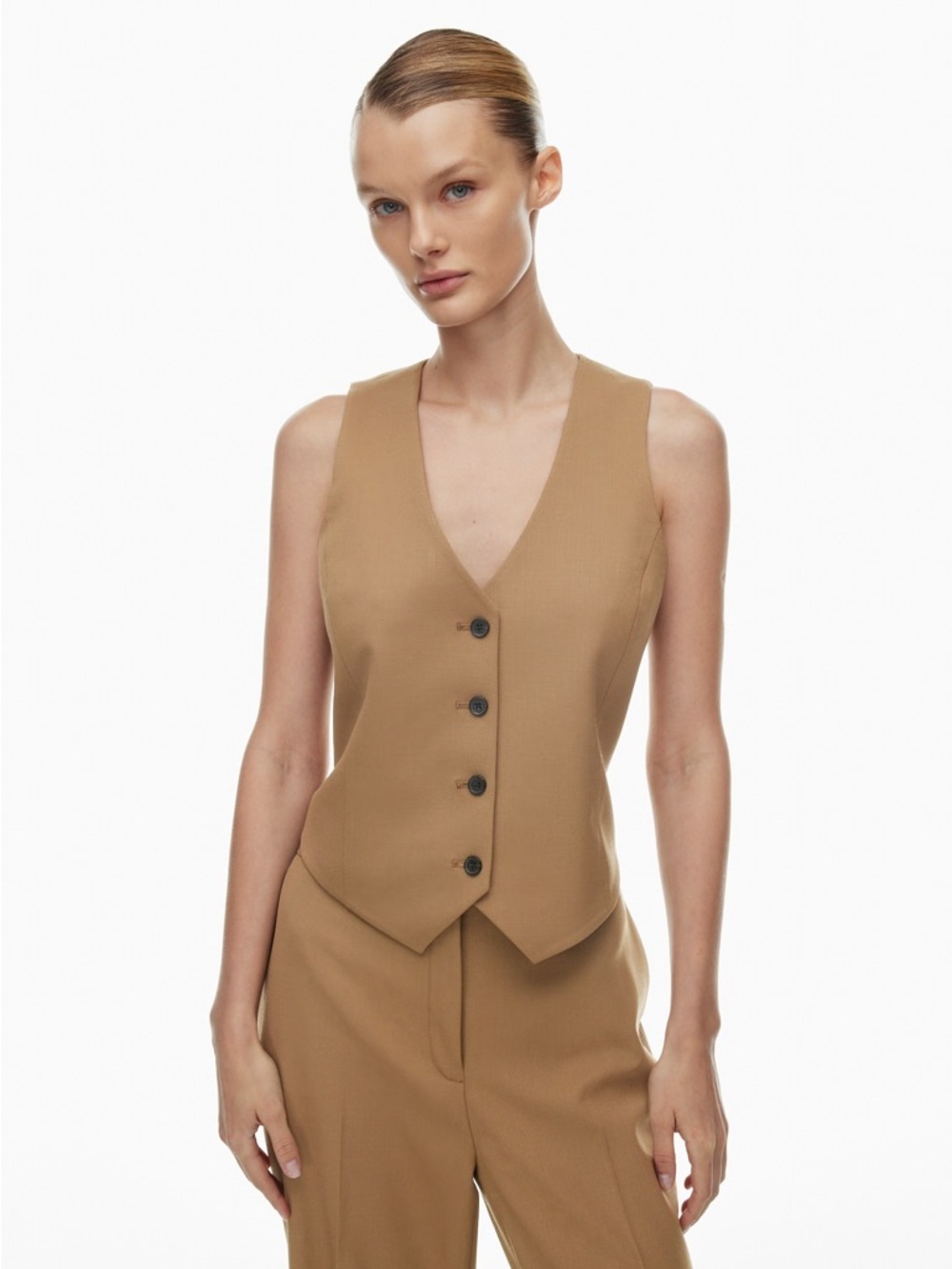 Babaton Deniro Vest Button-Up Tank Top Sleeveless Softly Structured Tan Aritzia